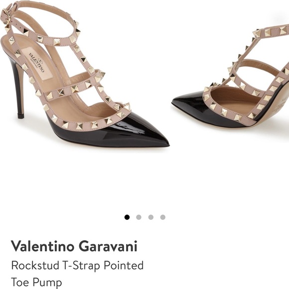Valentino Garavani Rockstud T-Strap Pointed Toe Pump in Black/Blush Patent